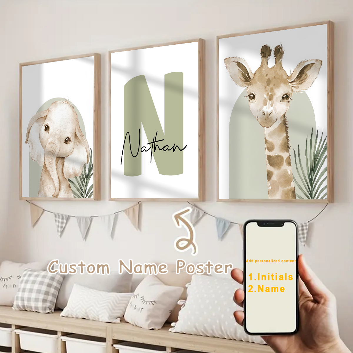 Baby Nursery Wall Decor - 3pcs/set Customized Personalized Name Safari Canvas
