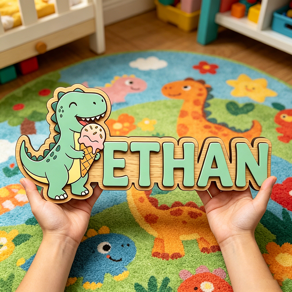 Baby Nursery Wall Decor - Whimsical Ice Cream Dinosaur Custom Name