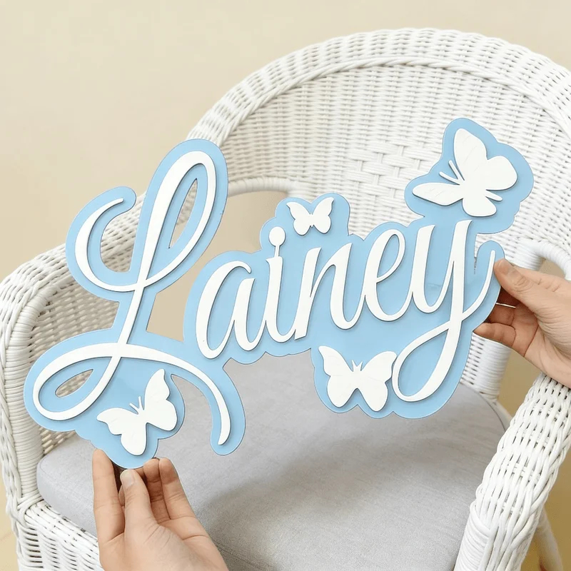 Baby Nursery Wall Decor - Blue Baby Name Sign with White