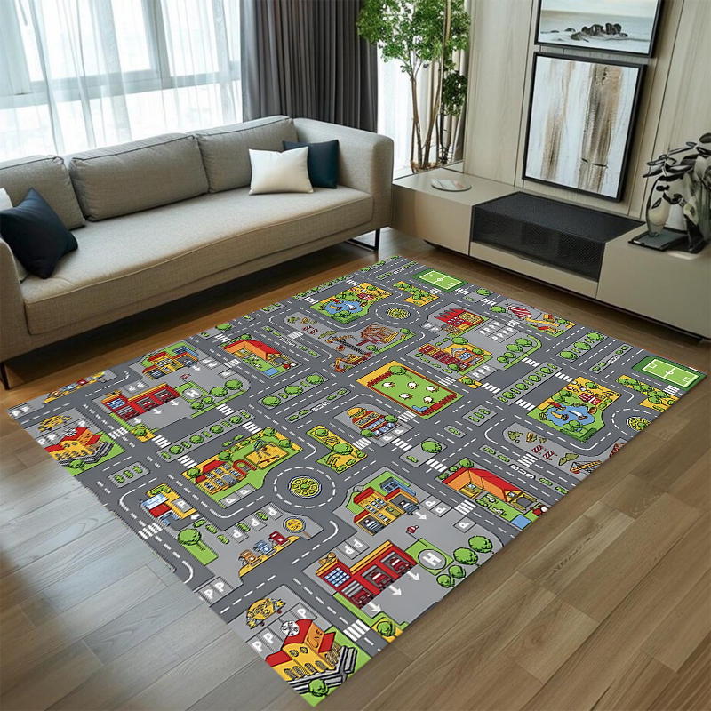 Baby Nursery Rug - Cute Car Track Play Rug Green