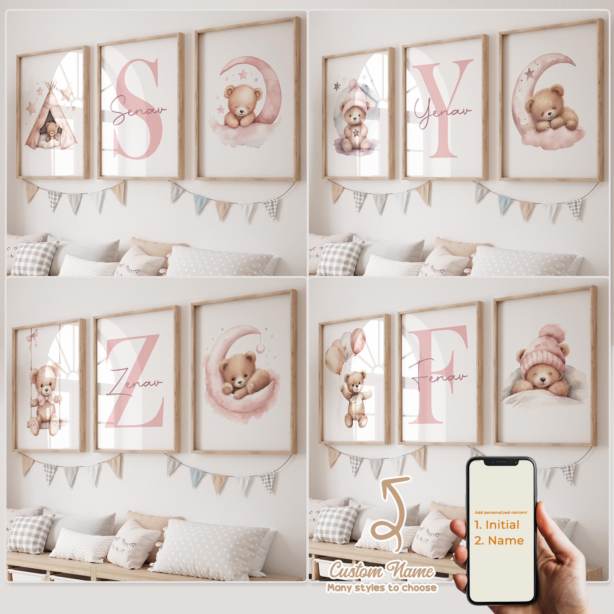 Baby Nursery Wall Decor - 3pcs Personalized Custom Name Cartoon Pink