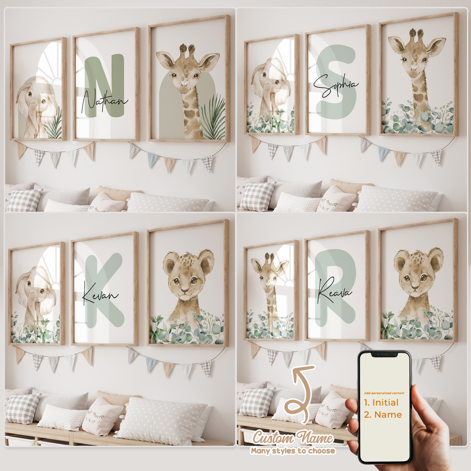 Baby Nursery Wall Decor - 3pcs Personalized Custom Name Cartoon Forest