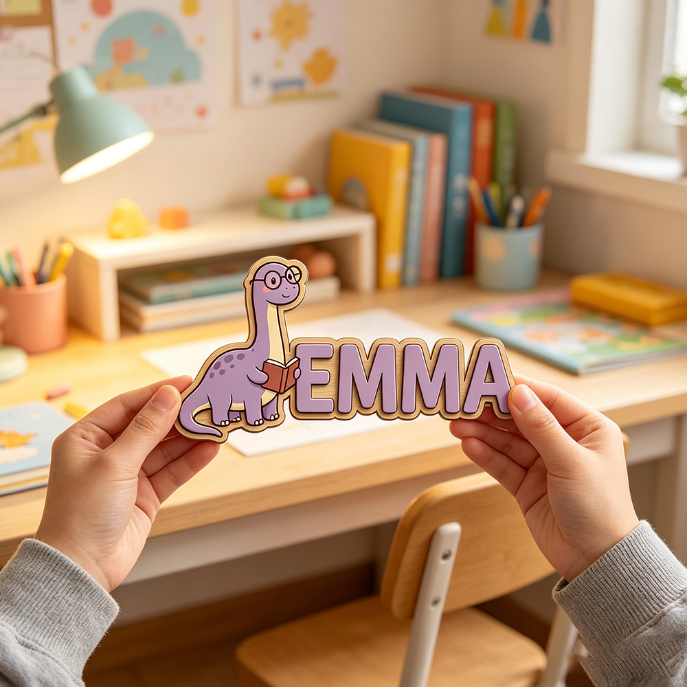 Baby Nursery Name - Whimsical Nerdy Dinosaur Custom Name Plaque